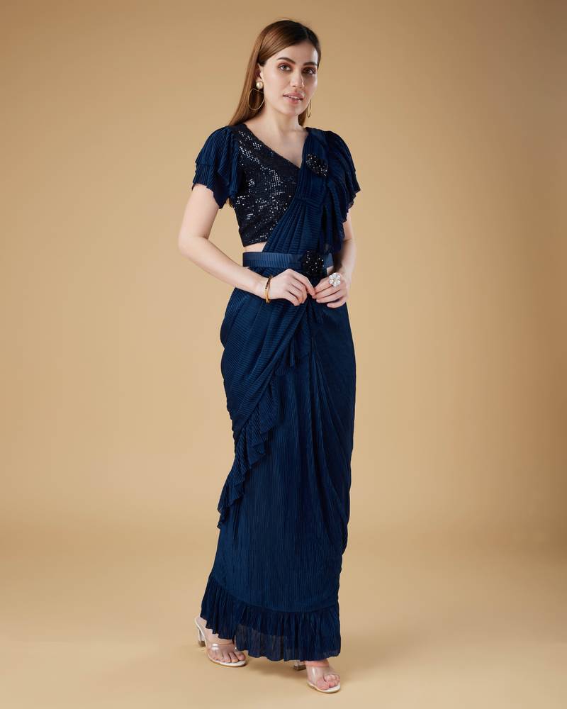 Amoha Trendz Lycra Pre-Drapped Ruffled Ready To Wear Saree With Stitched Blouse And Belt