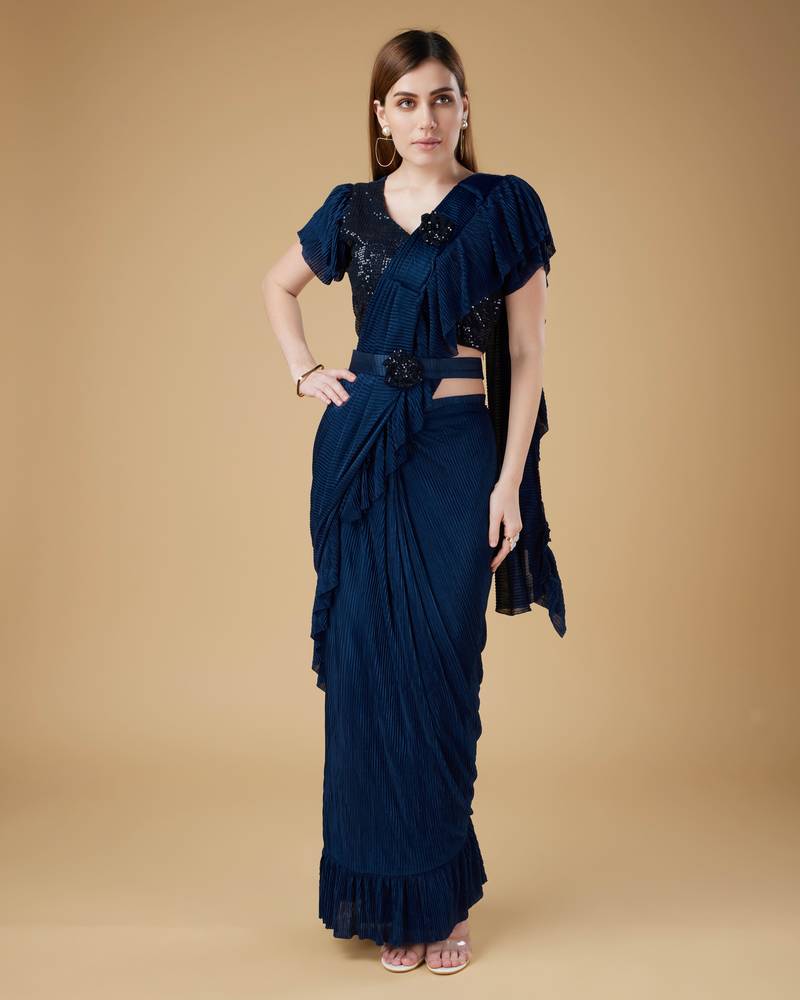 Amoha Trendz Lycra Pre-Drapped Ruffled Ready To Wear Saree With Stitched Blouse And Belt