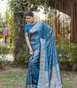 Koram Teal Kanjivaram Soft Satin Silk Zari Weaving Border And Woven Pallu Saree With Blouse For Women