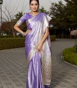 Koram Purple Kanjivaram Soft Satin Silk Zari Weaving Border And Woven Pallu Saree With Blouse For Women