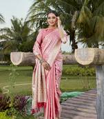 Koram Peach Kanjivaram Soft Satin Silk Zari Weaving Border And Woven Pallu Saree With Blouse For Women
