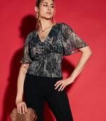 Grey Snake Printed Front Button Smocked Top