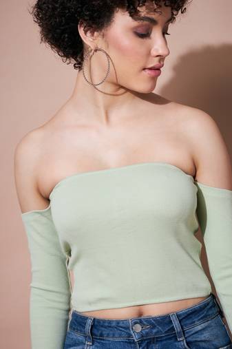 Jade Green Ribbed Bardot Crop Top