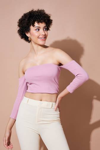 Dull Pink Ribbed Bardot Crop Top