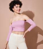 Dull Pink Ribbed Bardot Crop Top