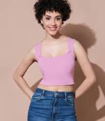Dull Pink Rhombus Neck Ribbed Crop Top
