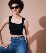 Black Rib Rhombus Neck Ribbed Crop Top