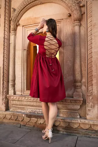 Maroon Embroidered Criss-cross Tie Back Short Dress
