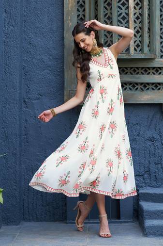 Off White Floral Slant Empire Seam Maxi Dress