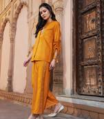 Mustard Ruched Sleeve Top With Embroidered Pants