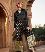 Black Crop Satin Shirt With Brocade Palazzos