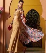 Brown Crop Top With Palazzo And Ikat Print Shrug