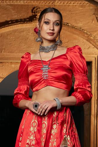Orange Satin Puff Sleeves Crop Top
