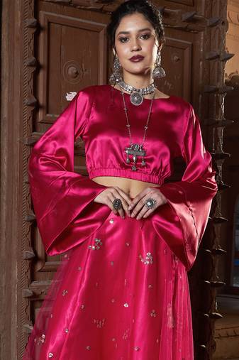 Fuchsia Satin Flared Sleeves Crop Top