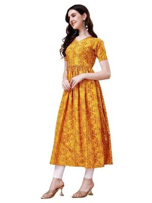 Yellow heavy rayon bandhani print festive kurtis 1