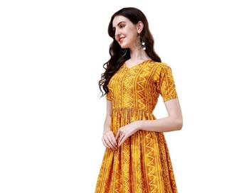 Yellow heavy rayon bandhani print festive kurtis 2