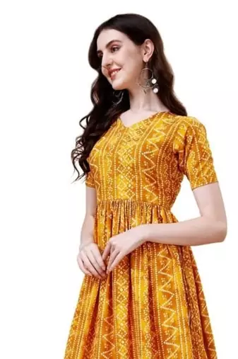Yellow heavy rayon bandhani print festive kurtis