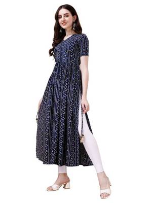 Navy blue heavy rayon bandhani print festive kurtis 1