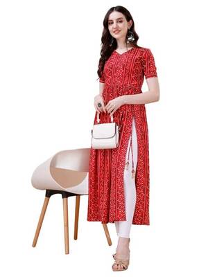 Red heavy rayon bandhani print festive kurtis 1