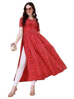 Red heavy rayon bandhani print festive kurtis 2