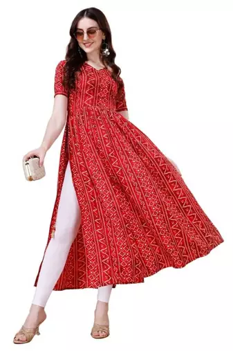 Red heavy rayon bandhani print festive kurtis