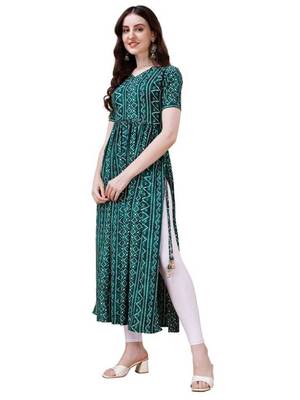Green heavy rayon bandhani print festive kurtis 1