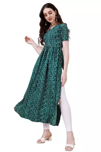Green heavy rayon bandhani print festive kurtis