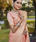 Koram Light Peach Kanjivaram Soft Satin Silk Zari Weaving Border And Woven Pallu Saree With Blouse For Women 