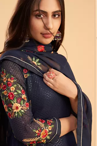 Navy blue georgette embroidered designer salwar suit