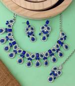 Silver plated blue crystal diamond necklace with earrings and maang tikka for women