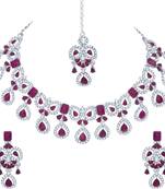 Silver plated purple crystal diamond necklace with earrings and maang tikka for wome