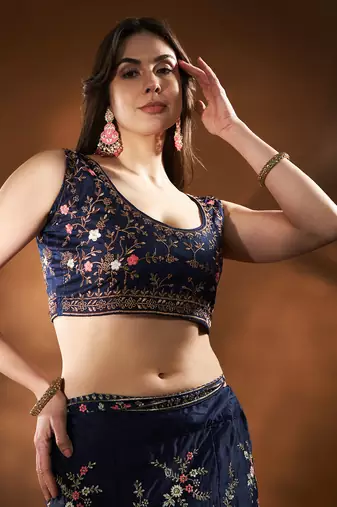 Blue Embroidered Semi Stitched Zari Work And Multi Color Thread Work Lehenga Choli