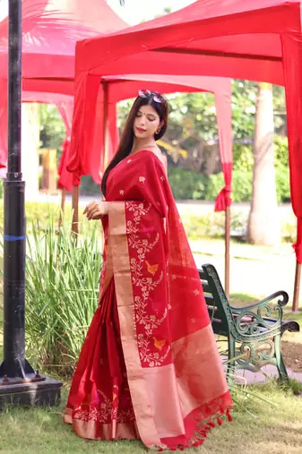 Red Pure Linen Jamdani Weaving Saree Festive Wear