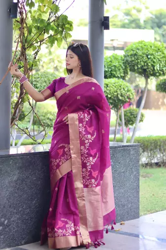 Purple Pure Linen Jamdani Weaving Saree Festive Wear