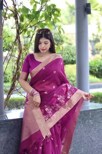 Purple Pure Linen Jamdani Weaving Saree Festive Wear