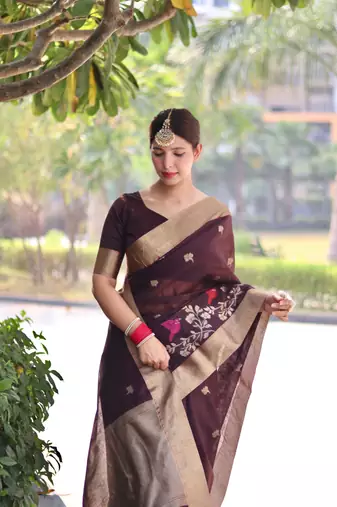 Brown Pure Linen Jamdani Weaving Saree Festive Wear