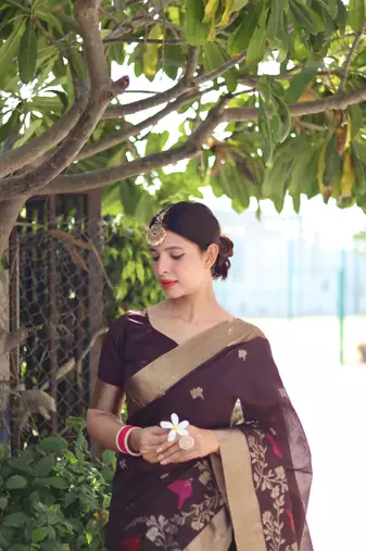 Brown Pure Linen Jamdani Weaving Saree Festive Wear