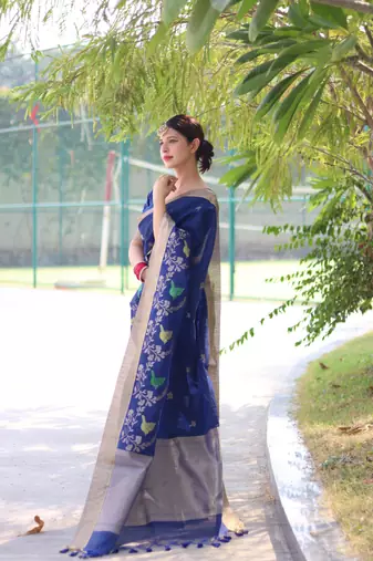 Blue Pure Linen Jamdani Weaving Saree Festive Wear