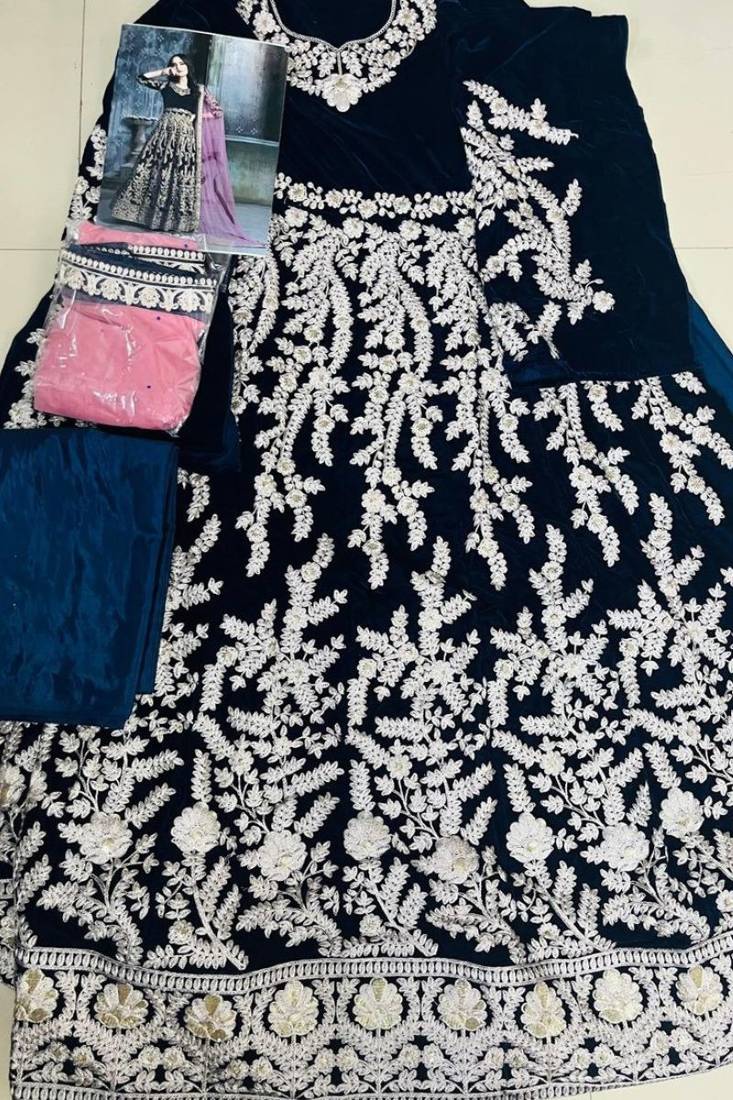 Veega Fashion Velvet Resham Embroidered Midnight Blue Anarkali Suit