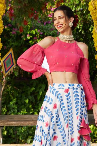 Pink Embroidered Cold Shoulder Crop Top