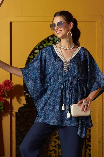Blue Floral Short Kaftan Top