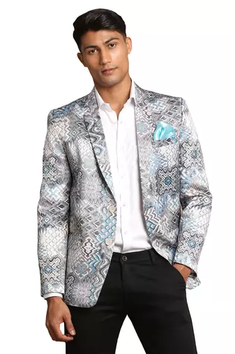 Vastramay men's grey printed satin twill blazer