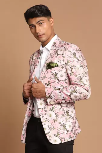 Pink Printed Satin Twill Blazer