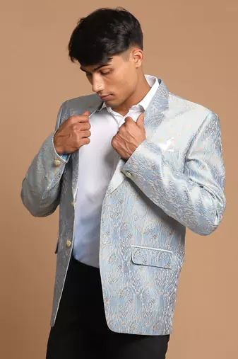 greyish blue jacquard blazer