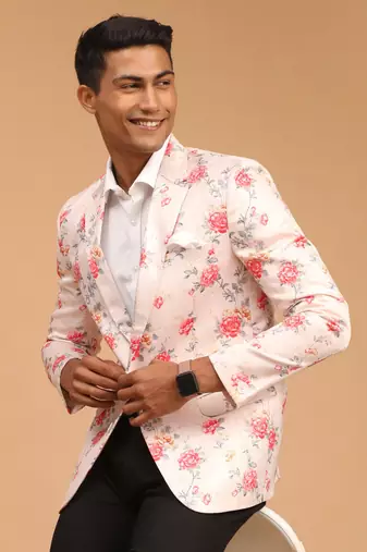 Men'S Peach Printed Satin Twill Blazer