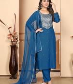 Dark blue colour rayon embroidered designer long kurti
