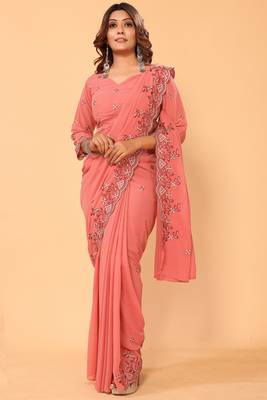 ready made designer georgette peach floral embroidery saree with embroidery work 1