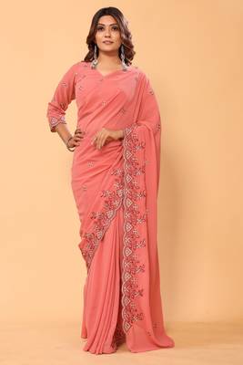 ready made designer georgette peach floral embroidery saree with embroidery work 2