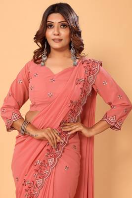 ready made designer georgette peach floral embroidery saree with embroidery work 4
