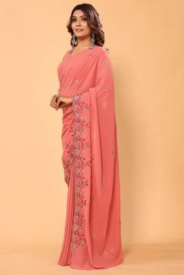 ready made designer georgette peach floral embroidery saree with embroidery work 5